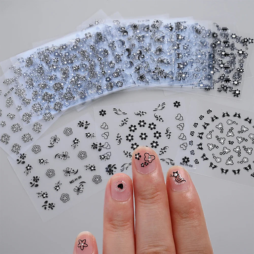 30pcs Black Flowers Nail Art Stickers 3D Self Adhesive Daisy Floral Nail Tips Design Decals Manicure Supplies For Women & Girls* (ONLINE ORDER ONLY)