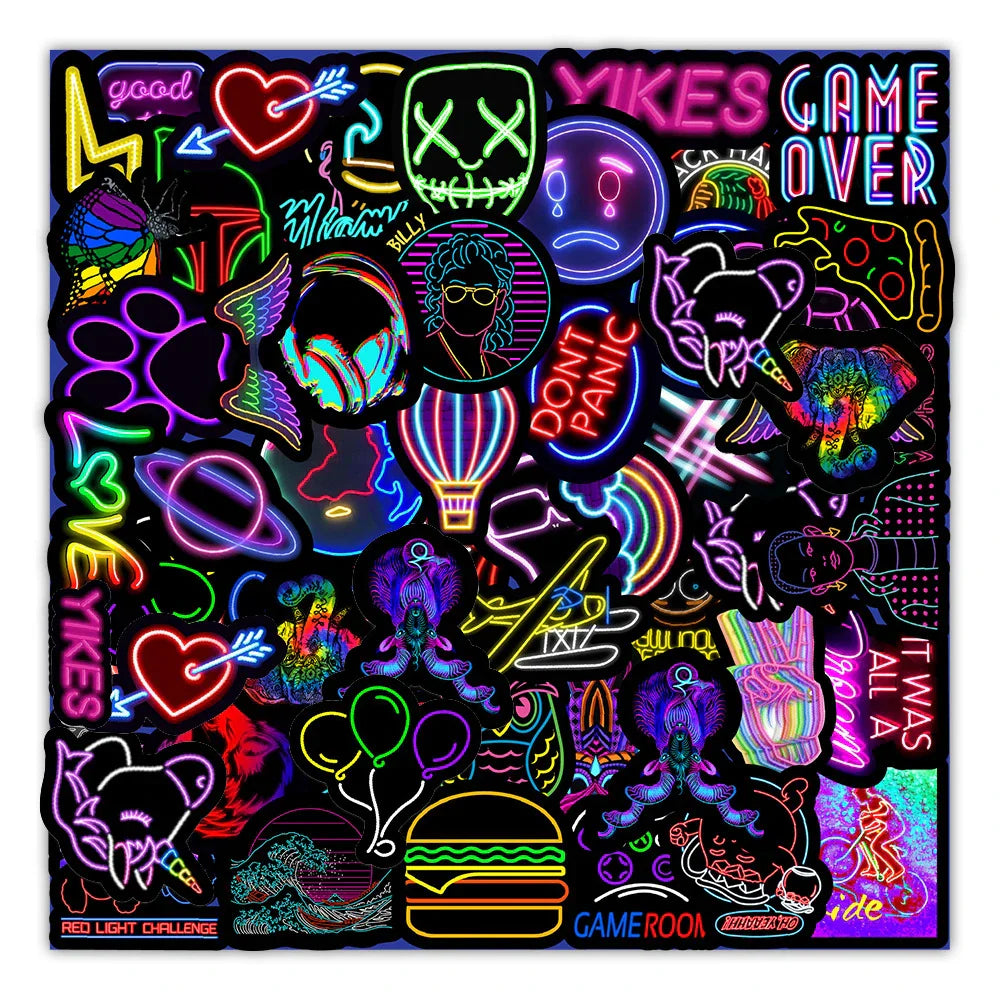 Cartoon Neon Light Graffiti Stickers for Car, Guitar, Motorcycle, Luggage, Suitcase, DIY Toy Decals (Online Order Only)