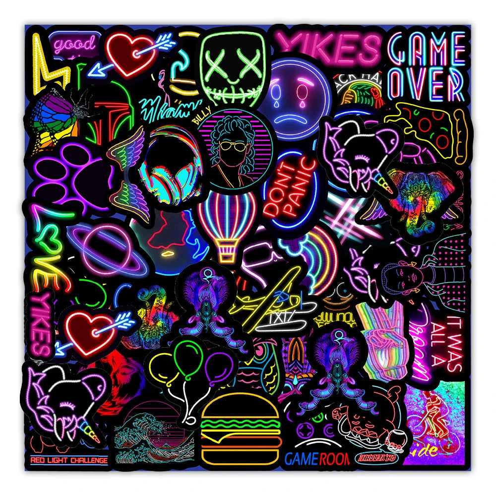 Cartoon Neon Light Graffiti Stickers for Car, Guitar, Motorcycle, Luggage, Suitcase, DIY Toy Decals (Online Order Only)