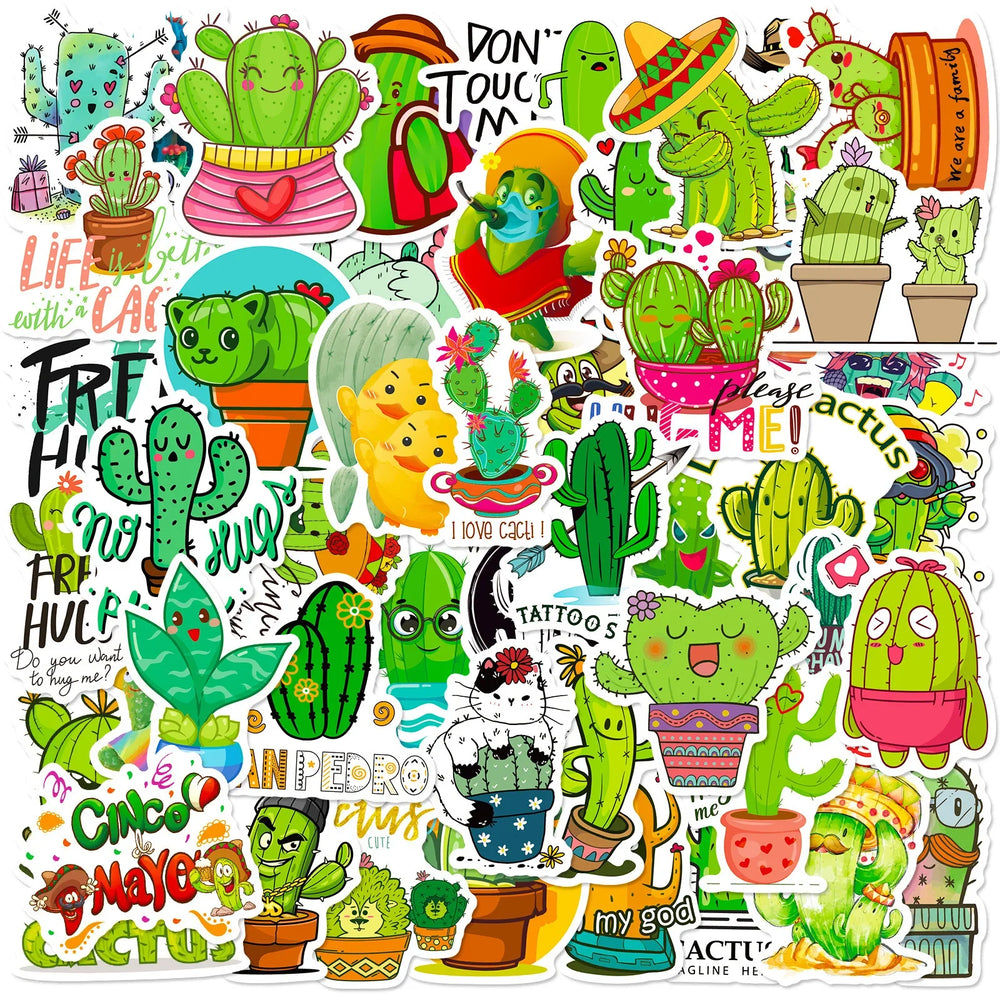 50Pcs Cartoon Cactus Graffiti Stickers for Helmet, Wall, DIY Decor (Online Order Only)