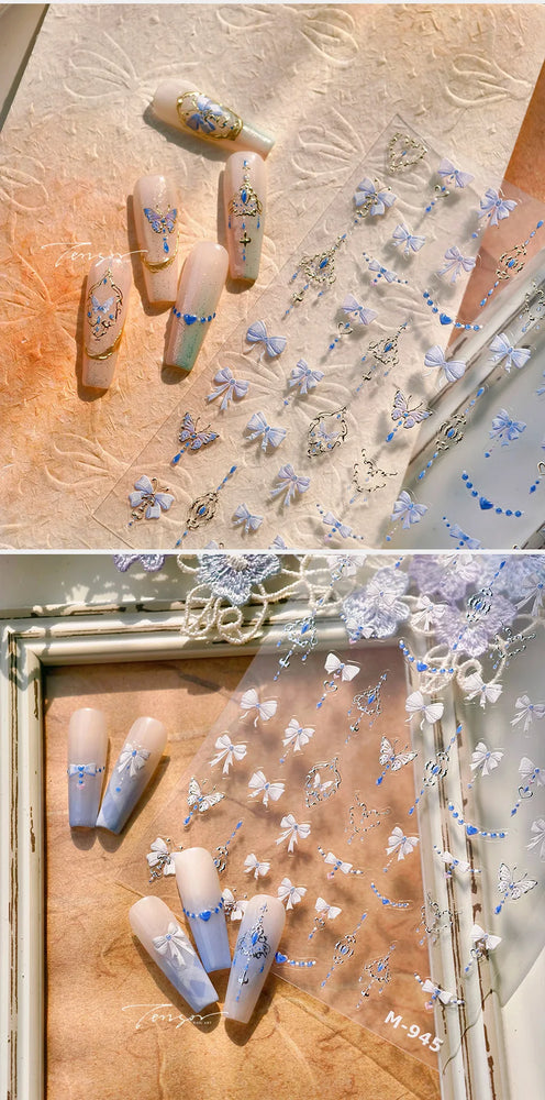 Retro Blue Bowknot Butterfly Love Heart Pendent Hot Stamping Gold Silver Adhesive Nail Art Stickers Manicure Decals Wholesale (Online Order Only)