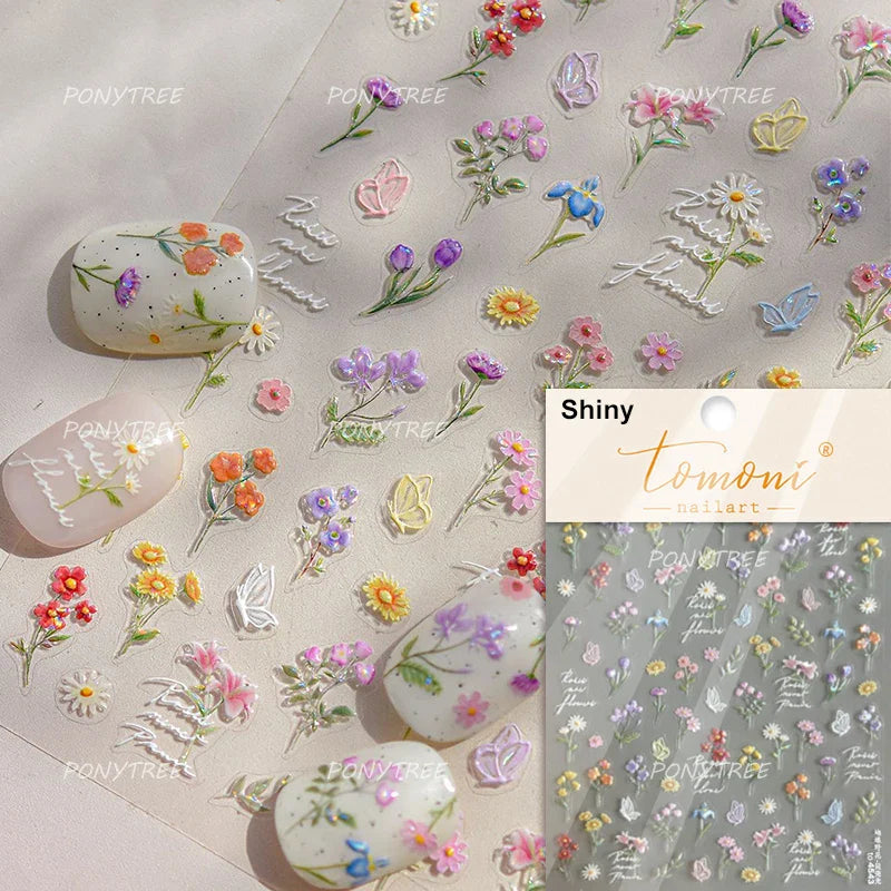 Mountain Daisy Wild Flower Mini Green Leaves White Petal Romantic Embossed Reliefs Adhesive Nail Art Stickers Manicure Decals (ONLINE ORDER ONLY)