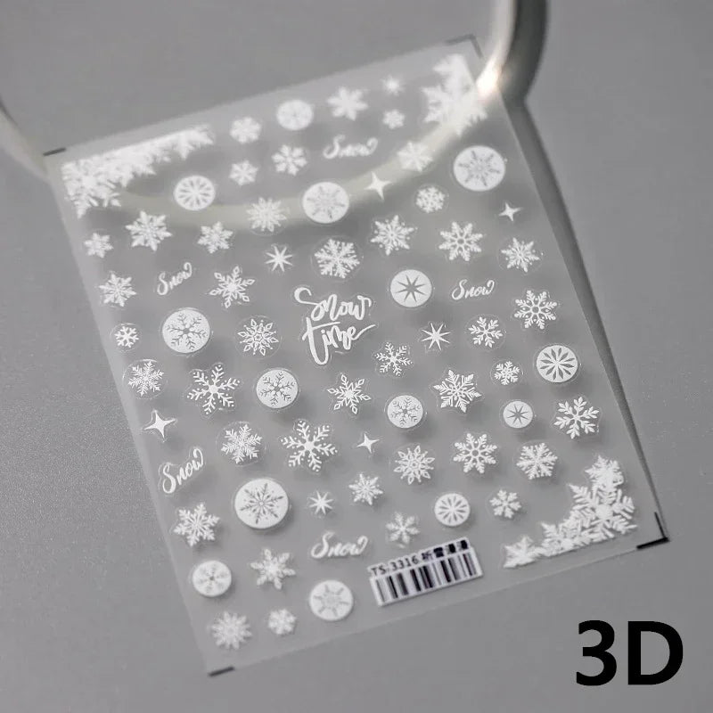 Hot Stamping Romantic White Gold Snowflakes Hexagon Winter 3D Self Adhesive Nail Art Stickers Shiny Rhinestone Manicure Decals (Online Order Only)