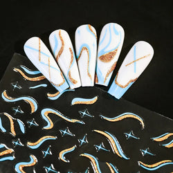 6pcs/Set Blue Gold Glitter French Design 5D Nail Stickers Curve Lines Swirls Wave Nail Sliders Reflective Flakes Decals Manicure (ONLINE ORDER ONLY)