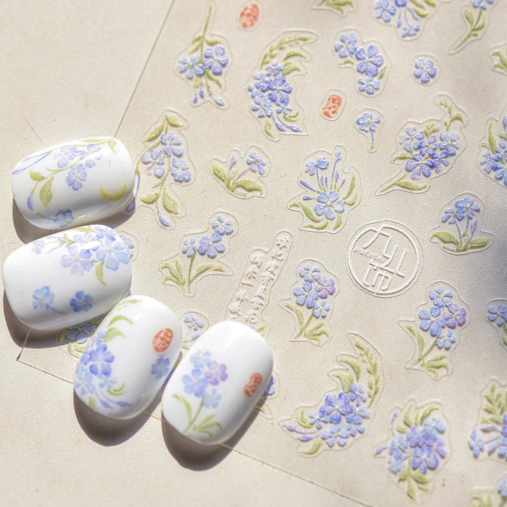 Vibrant and Lively Pullulate Purple Blue Snow Orchid Flower Garden Springtime Adhesive Nail Art Sticker Chic 3D Manicure Decals (Online Order Only)