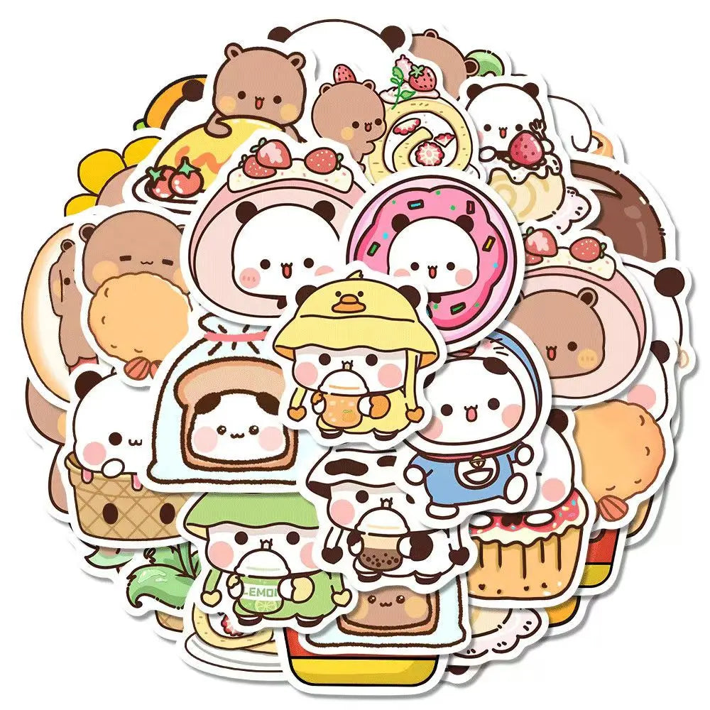 50pcs/Set Bubu And Dudu Panda Bear Sticker Food Serise Waterproof Cartoon Bear and Panda Sticker Toys (Online Order Only)