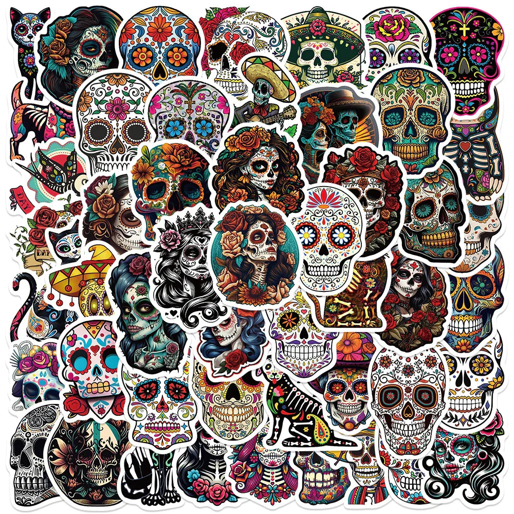 50PCS Day of the Dead Skull Stickers Waterproof for Laptop, Bicycle, Guitar, Skateboard, Car (Online Order Only)