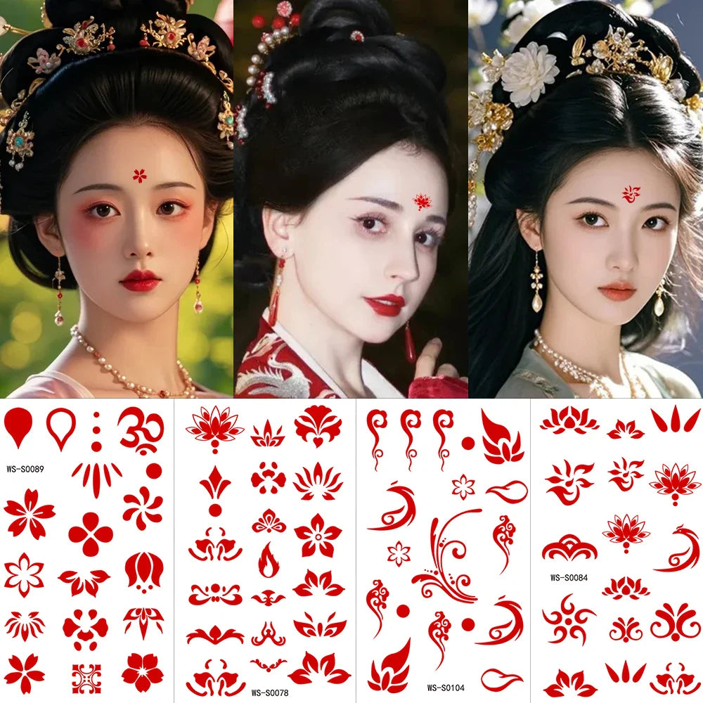 35pcs Eyebrow Flowers Stickers Red Dot Forehead Lotus Stickers Waterproof And Long Lasting Realistic Temporary Tattoo Stickers * (ONLINE ORDER ONLY)