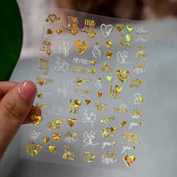 1PC Holographic Laser Heart Nail Stickers-3D Self-Adhesive Golden White Valentines Day Nail Decals For Women Nail Art Decoration (ONLINE ORDER ONLY)