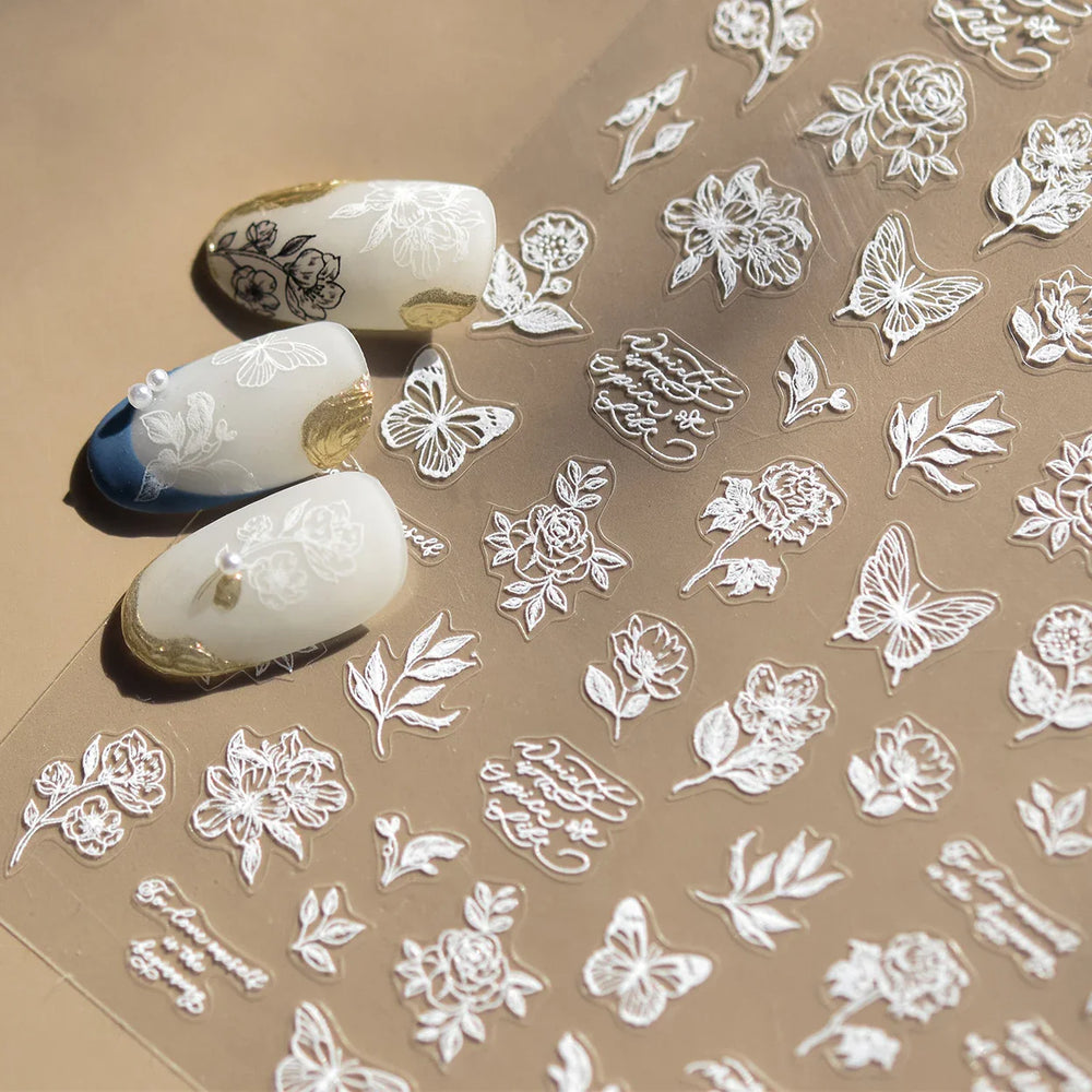 Flower Bowknot Butterfly Plant Leaf English Letter Rose Hand Drawn Embossed Relief Self Adhesive Nail Art Sticker Manicure Decal (ONLINE ORDER ONLY)