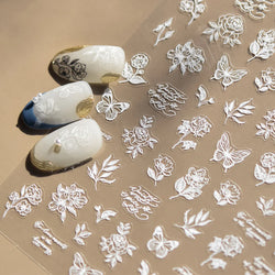 Flower Bowknot Butterfly Plant Leaf English Letter Rose Hand Drawn Embossed Relief Self Adhesive Nail Art Sticker Manicure Decal (ONLINE ORDER ONLY)
