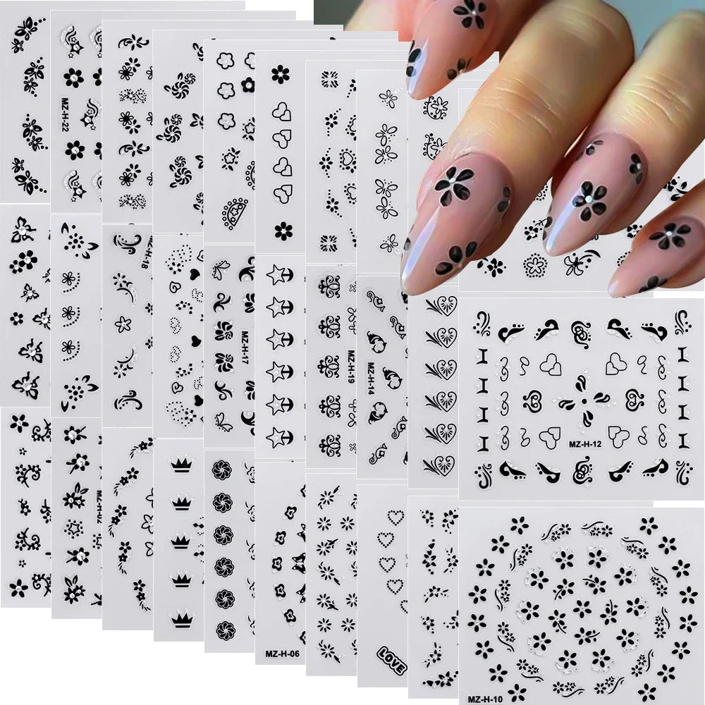 30pcs Black Flowers Nail Art Stickers 3D Self Adhesive Daisy Floral Nail Tips Design Decals Manicure Supplies For Women & Girls* (ONLINE ORDER ONLY)