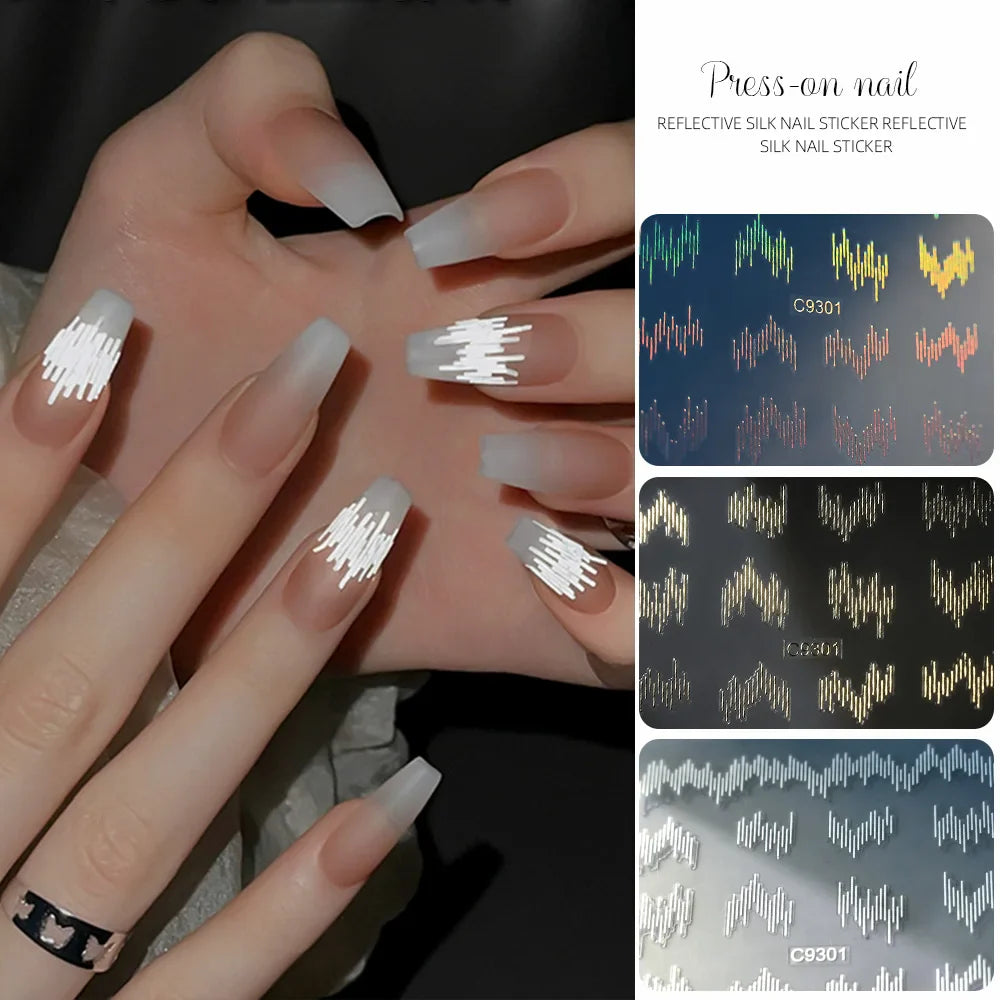 6pcs/Set High Gloss Reflective Glitter 3D Nail Sticker Silver Dark-Shiny Effect Press On Nails Decals Decor DIY Adhesive Sliders (ONLINE ORDER ONLY)