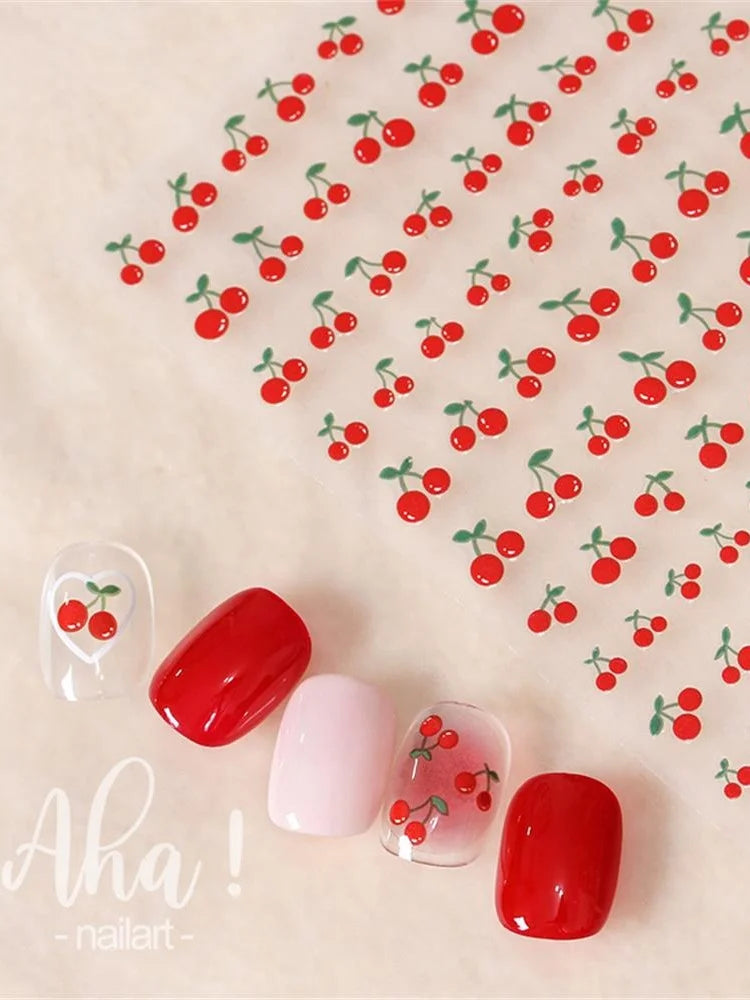 1Pc Sweet Cute Fresh Red Cherry Pattern Nail Stickers Self Adhesive Fruit Design Decals Women & Girls Homemade Manicure Supplies (ONLINE ORDER ONLY)