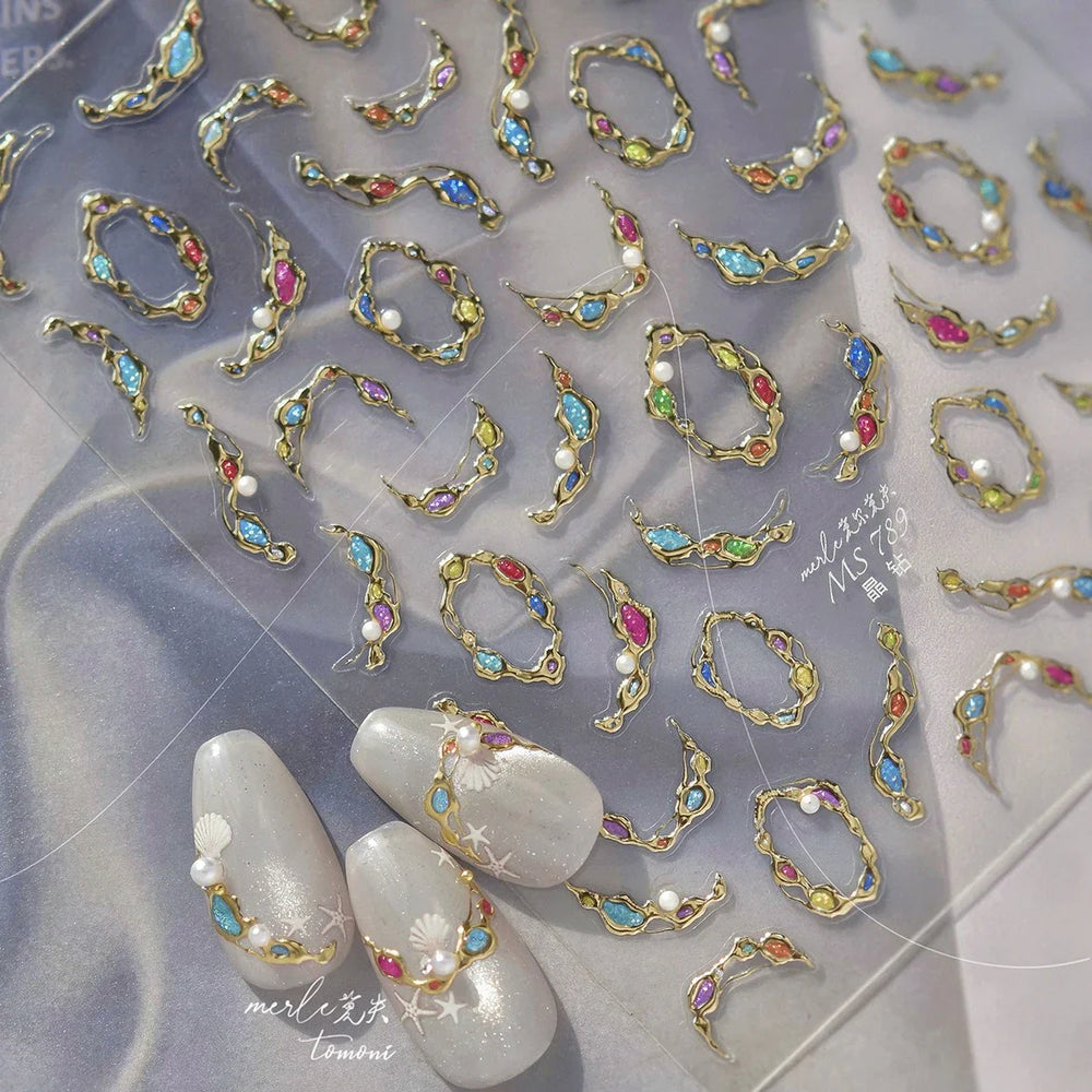 French Lines Gemstone Necklace Gilding Light Luxury Pearl Self Adhesive Nail Art Decorations Stickers Manicure Decals Wholesale (ONLINE ORDER ONLY)