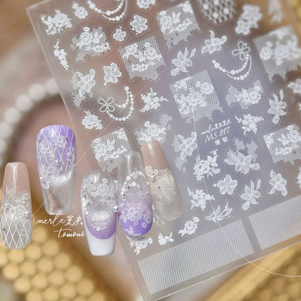 Dreamy Lace Rose Flower Fabric Art Tender Gauze Gird Pearl Pendant Irregular Pattern Nail Art Stickers Decoration Manicure Decal (ONLINE ORDER ONLY)