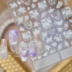 Dreamy Lace Rose Flower Fabric Art Tender Gauze Gird Pearl Pendant Irregular Pattern Nail Art Stickers Decoration Manicure Decal (ONLINE ORDER ONLY)