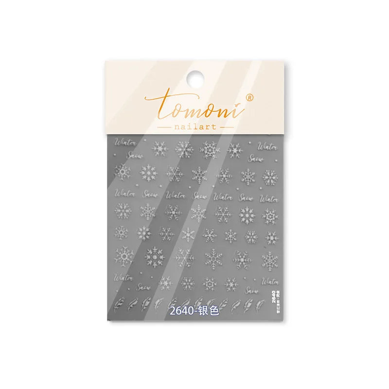Hot Stamping Romantic White Gold Snowflakes Hexagon Winter 3D Self Adhesive Nail Art Stickers Shiny Rhinestone Manicure Decals (Online Order Only)