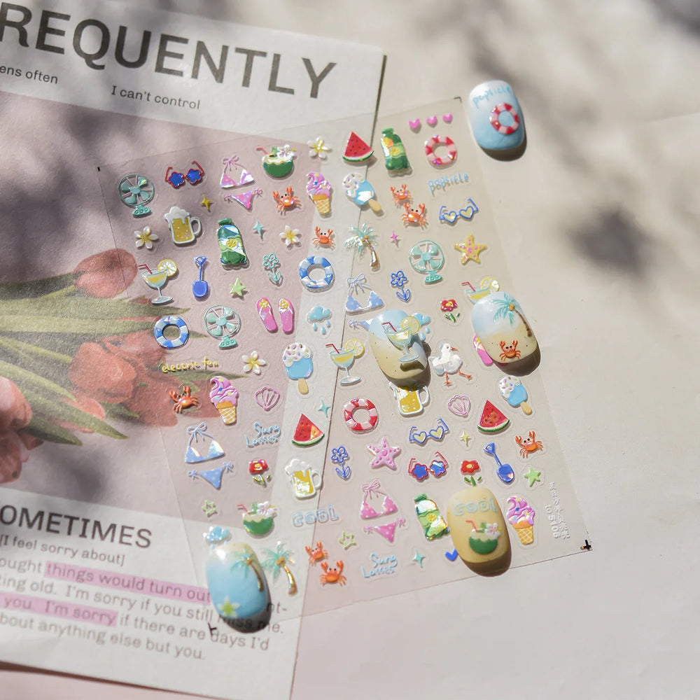 Summer Beach Bikini Watermelon Cat Popsicle Swim Ring Ice Cream Shell Coconut Tree Nail Art Decoration Stickers Manicure Decals (Online Order Only)
