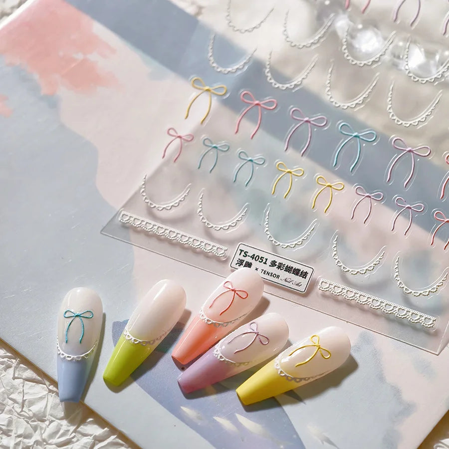 Pink Blue Purple Lovely Line Bowknot Lace Arc Curve Romantic Delicate Cording Embossed Adhesive Nail Art Sticker Manicure Decal (ONLINE ORDER ONLY)