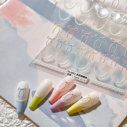 Pink Blue Purple Lovely Line Bowknot Lace Arc Curve Romantic Delicate Cording Embossed Adhesive Nail Art Sticker Manicure Decal (ONLINE ORDER ONLY)
