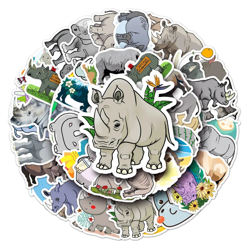 10/50pcs/Pack Lovely Rhino Cartoon Animal Stickers Waterproof Skateboard Motorcycle Guitar Luggage Laptop Bicycle Sticker Toys (ONLINE ORDER ONLY)