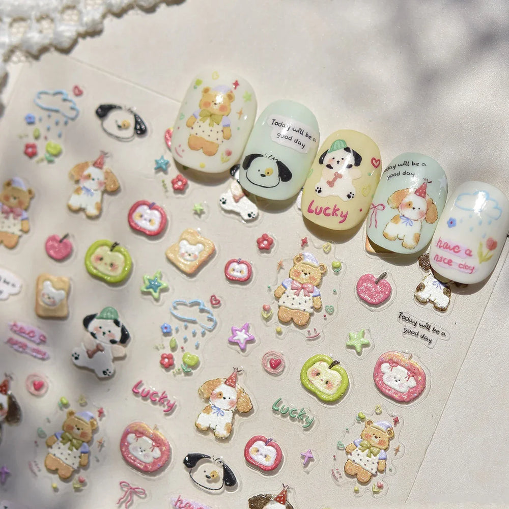 Cute Bear Star Dog Bowknot Love Heart Good Night Bone Bread Flower Self Adhesive Nail Art Decorations Stickers Manicure Decals (Online Order Only)