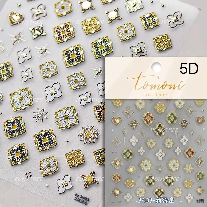 Gold Stamped Silver Totems Geometric Patterns Figure 5D Self Adhesive Nail Art Stickers Stars Bohemia Manicure Decals Wholesale (Online Order Only)