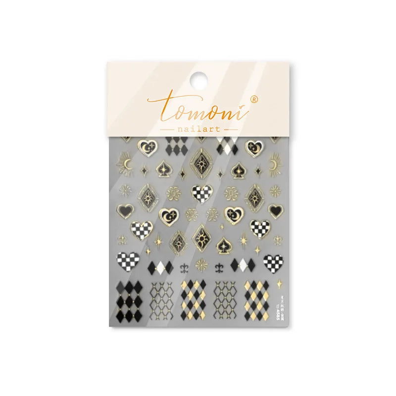 Poker Red Love Heart Square Grid Star Moon Card Pattern Spade Retro 3D Self Adhesive Nail Art Decoration Sticker Manicure Decals (Online Order Only)