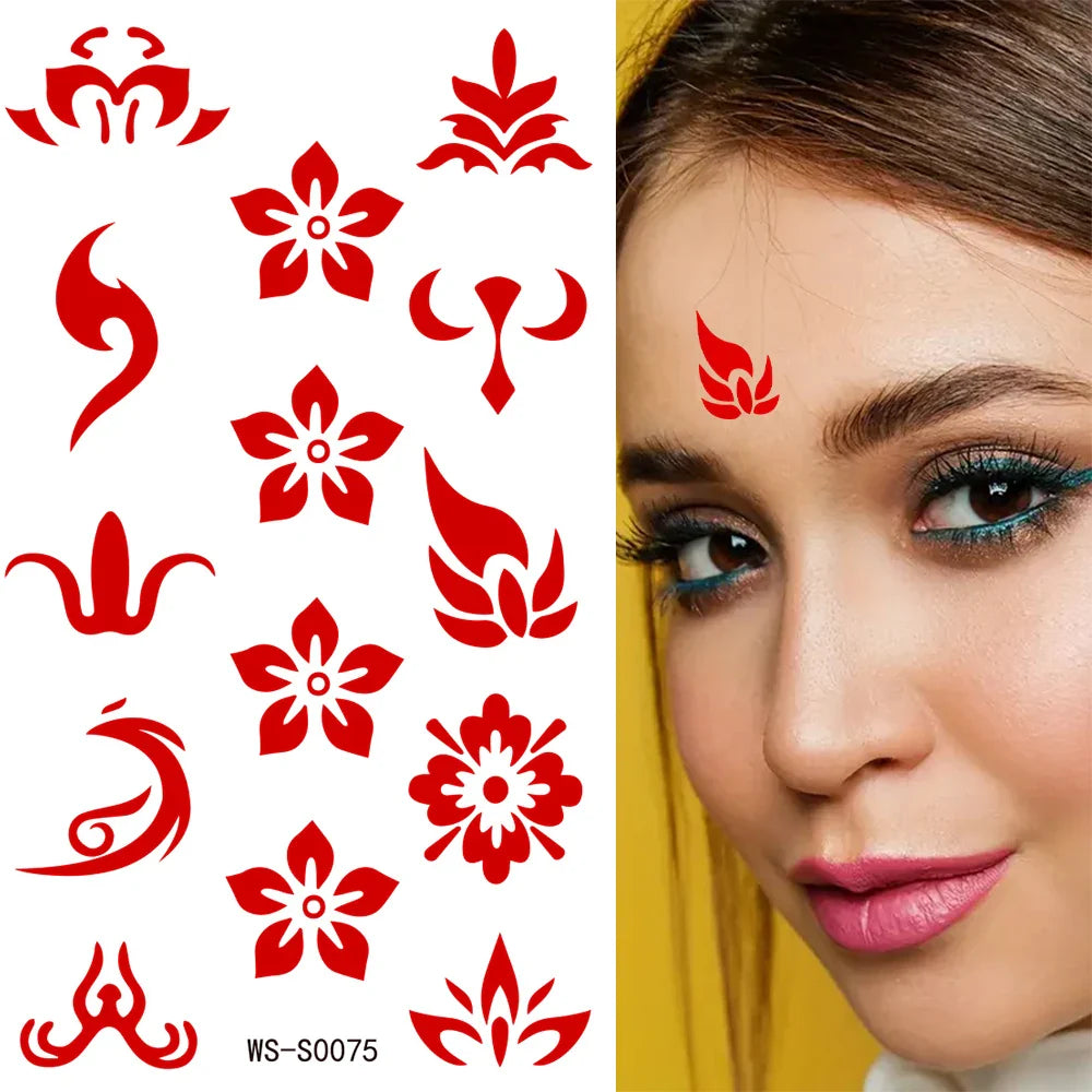 35pcs Eyebrow Flowers Stickers Red Dot Forehead Lotus Stickers Waterproof And Long Lasting Realistic Temporary Tattoo Stickers * (ONLINE ORDER ONLY)