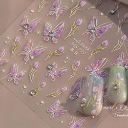 Blue Purple Tulip Flower Butterfly Garden Blossom Floral Charming Delicate 5D Relief Adhesive Nail Art Stickers Manicure Decals (ONLINE ORDER ONLY)