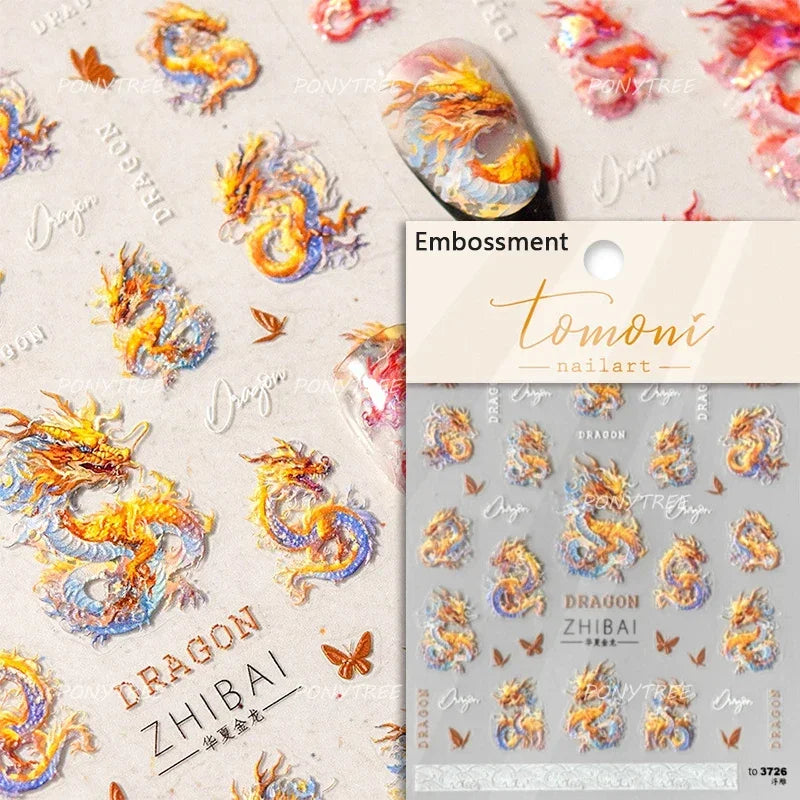 Chinese Dragon Auspicious Beast Mythological Legend Noble Loong Blue Pink Soft Relief Adhesive Nail Art Sticker Manicure Decals (ONLINE ORDER ONLY)