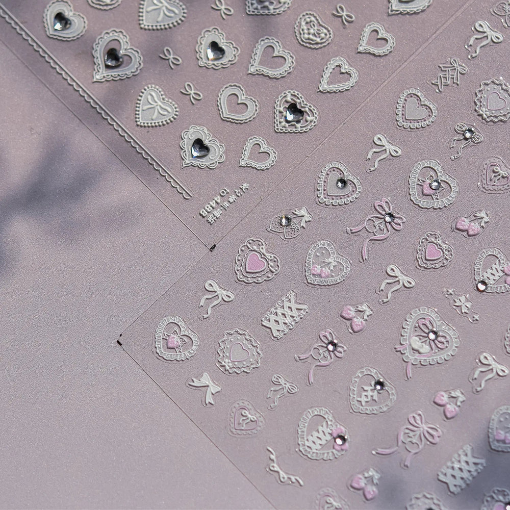 Lovely Heart Strawberry Cherry Bowknot Lace Lolita Crystal Rhinestone Line Rococo Chic Adhesive Nail Art Sticker Manicure Decals (ONLINE ORDER ONLY)