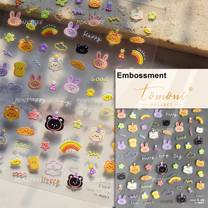 Cute Rabbit Fan Peach Blossom Teacup Lollipop Strawberry Star Cherry Hat Soft Embossed Adhesive Nail Art Stickers Manicure Decal (ONLINE ORDER ONLY)