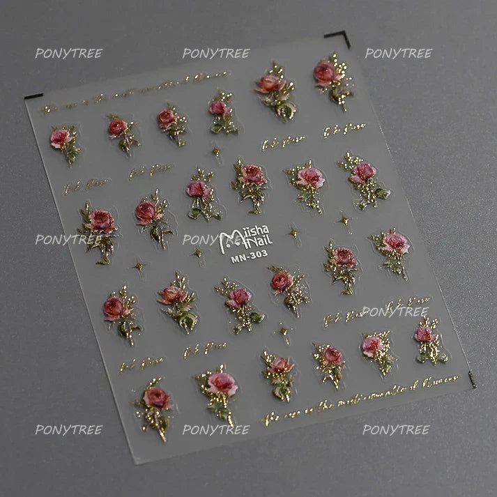 Watercolor Style Rose Flower Colored Rosa Chinensis 3D 5D Flat Reliefs Charming Self Adhesive Nail Art Stickers Manicure Decals (ONLINE ORDER ONLY)