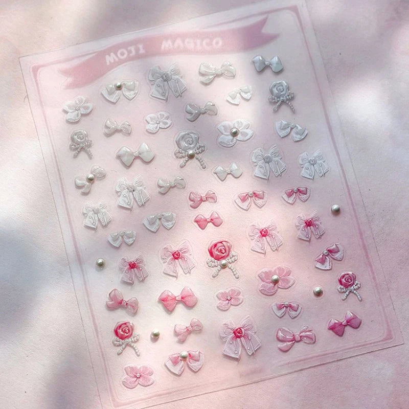 Chic Pink White Rose Flower Lace Bowknot Ribbon Jelly 5D Pearl Romantic Charming Self Adhesive Nail Art Sticker Manicure Decals (ONLINE ORDER ONLY)
