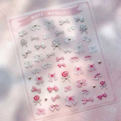 Chic Pink White Rose Flower Lace Bowknot Ribbon Jelly 5D Pearl Romantic Charming Self Adhesive Nail Art Sticker Manicure Decals (ONLINE ORDER ONLY)
