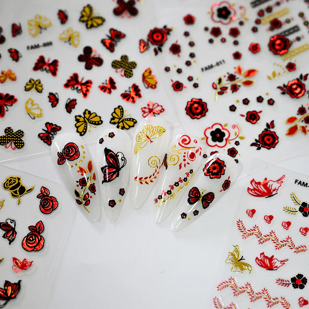 30Pcs/Set Red Golden 3D Nail Art Sticker Hot Stamping Hollow Decals Mixed Designs Adhesive Flower Nail Tips Letter Butterfly Set (Online Order Only)