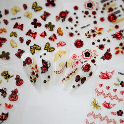 30Pcs/Set Red Golden 3D Nail Art Sticker Hot Stamping Hollow Decals Mixed Designs Adhesive Flower Nail Tips Letter Butterfly Set (Online Order Only)