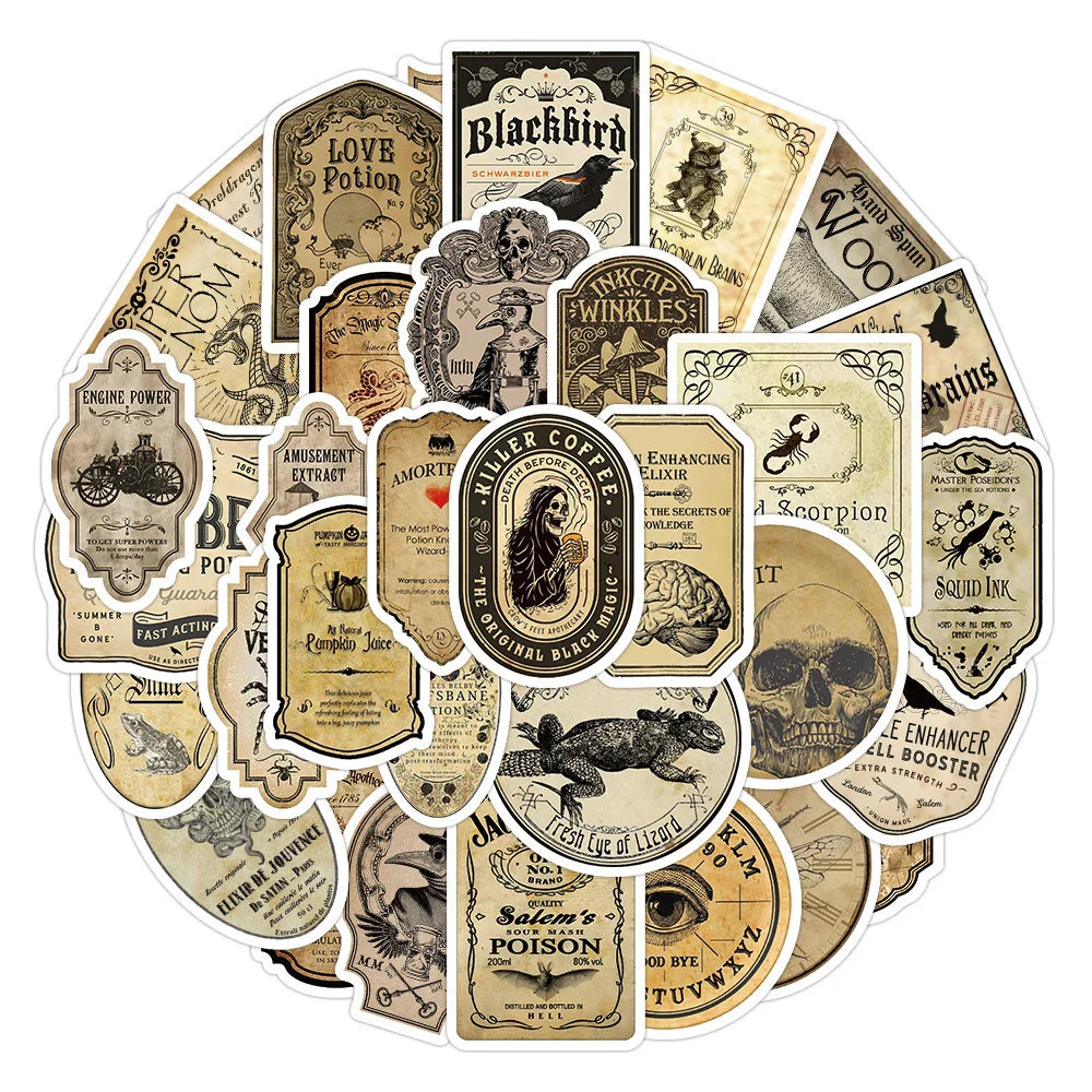 10/30/50pcs Vintage Potion Label Halloween Waterproof Stickers Retro Horror Gothic Witch Decals Skateboard Laptop Car Sticker (Online Order Only)