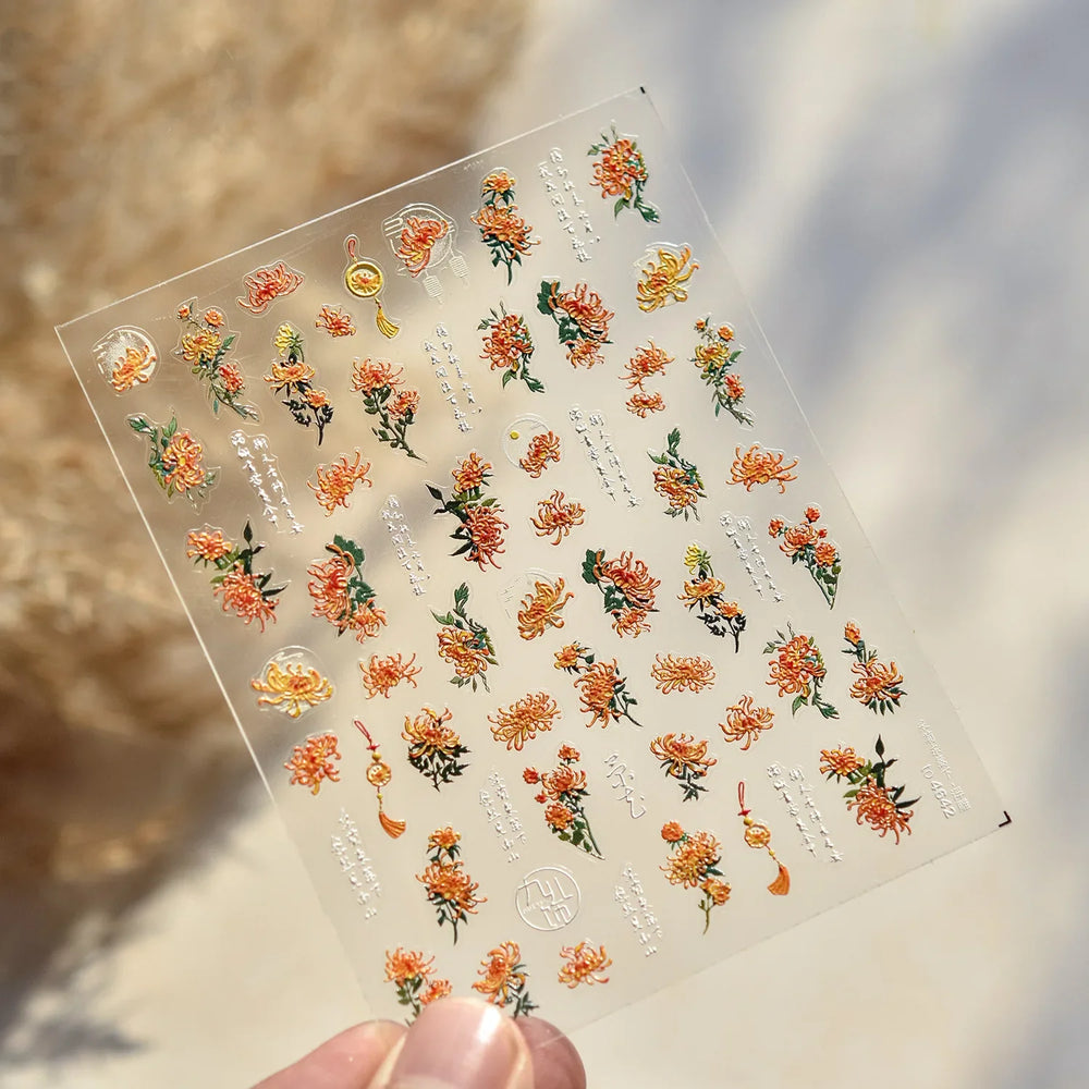 Antique Changle Flower Chrysanthemum Jade Pendant Feathers Green Leaf Adhesive Nail Art Stickers Flat Embossment Manicure Decals (Online Order Only)