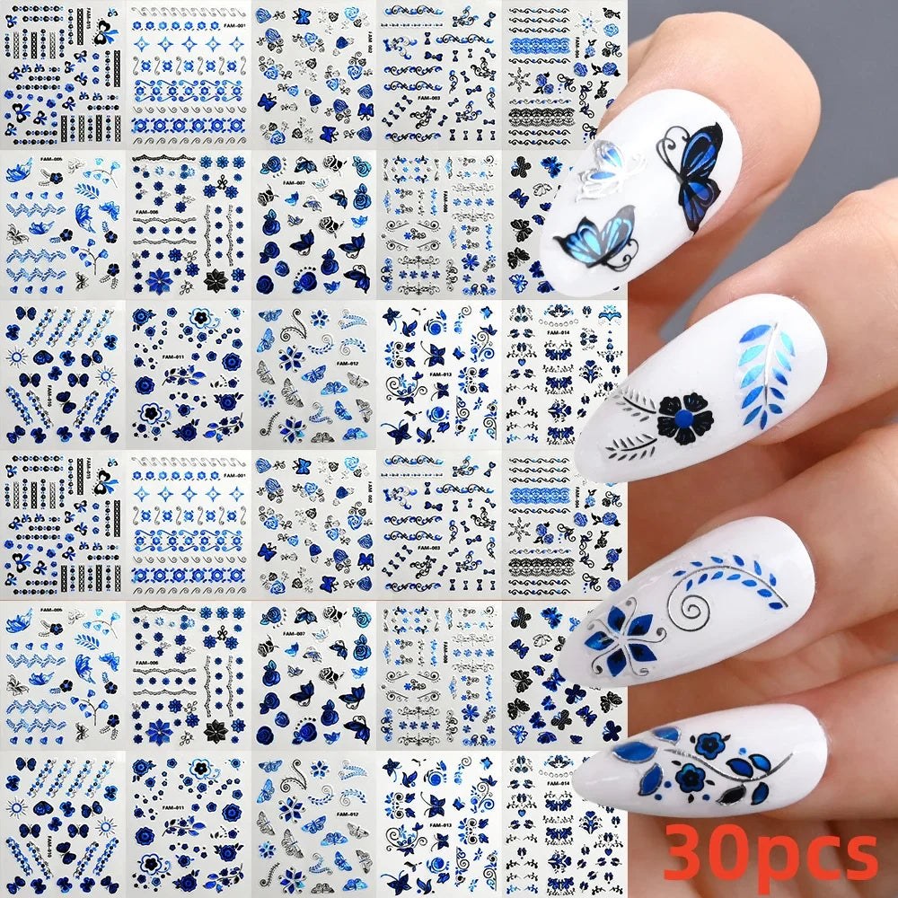 30Pcs/Set Red Golden 3D Nail Art Sticker Hot Stamping Hollow Decals Mixed Designs Adhesive Flower Nail Tips Letter Butterfly Set (Online Order Only)