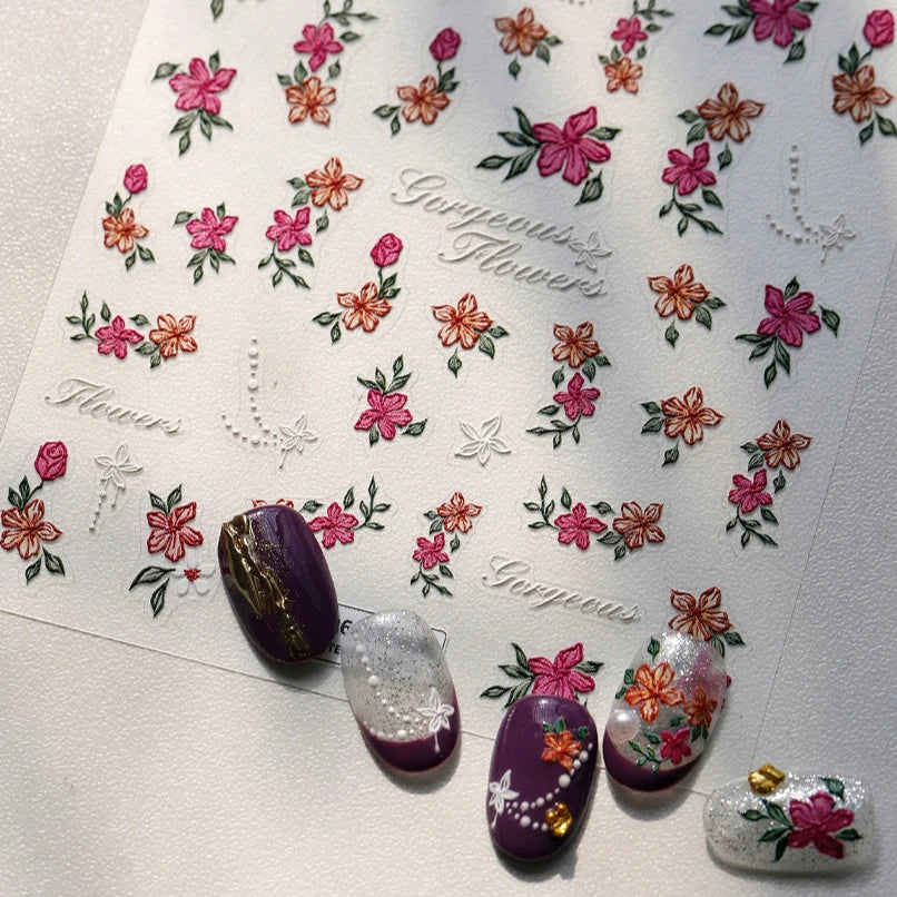 Bloomy Water Side Flower Delicate and Charming Peach Blossom Rose Garden Adhesive Nail Art Decorations Sticker Manicure Decals (ONLINE ORDER ONLY)