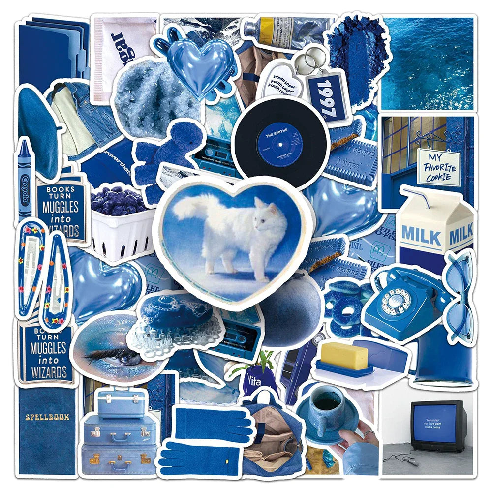 Cartoon Blue Stickers Aesthetic Graffiti Decals for Laptop, Suitcase, Notebook, Phone, Kids Toy - 10/30/50pcs (Online Order Only)