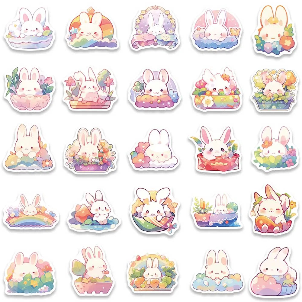 50pcs Cute Cartoon Rainbow Rabbite Animal Stickers For Laptop Phone Guitar Luggage Waterproof Graffiti Vinyl Car Decals (ONLINE ORDER ONLY)
