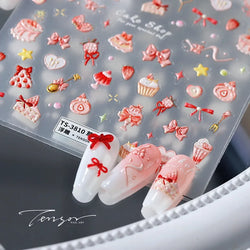 Chic Cute Cheese Ice Cream Pudding Bowknot Strawberry Muffin Stars Cake Embossed Heart Adhesive Nail Art Sticker Manicure Decals (ONLINE ORDER ONLY)