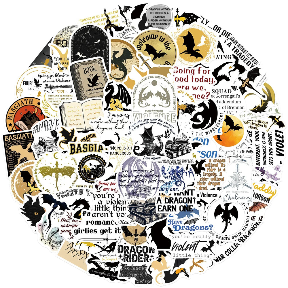 Cool Novel Fourth Wing Cartoon Stickers - 10/30/50/100PCS Waterproof for Laptop, Luggage, Guitar, Snowboard (Online Order Only)