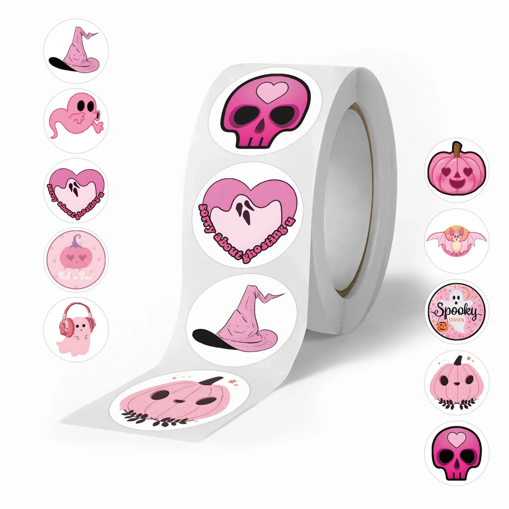500pcs/Roll Pink Halloween Cartoon Sealing Sticker DIY PVC Laptop Decals Decoration Stiker Reward Gift Toys (ONLINE ORDER ONLY)