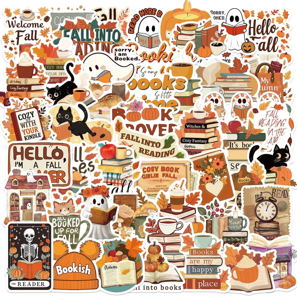 10/50pcs Cute Fall Bookish Reading Books Stickers Kindle Aesthetic Girls Decals Scrapbooking Ipad Phone Laptop Diary Sticker (Online Order Only)