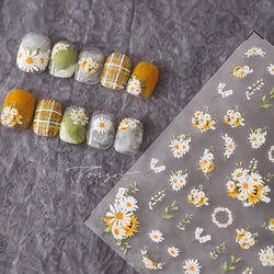White Daisy Sunflower Green Leaves Wreath Garland Flower Cluster Bouquet Flat Adhesive Nail Art Sticker Manicure Decals Supplies (Online Order Only)
